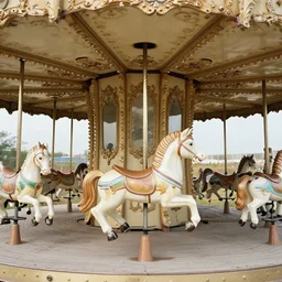 an abandoned secret carousel with elaborately intricate carved wooden figures of animals, beachwood treehouse, discovered in a secret garden, hedgemaze, photo taken on kodak film