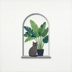minimalist mixed media painting of a micron pen cat and gouache tropical plants sitting in a single arched window, white background, midcentury modern