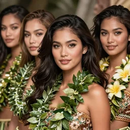 extra perfectness hawaiian women, amateur, sweetest face, close - up, fashion model type, expansive dress with treasure's, gorgeous, extremely high details quality, bao phan, viktor safonkin, bruce pennington, larry elmore, norman rockwell, intricate, hyperrealistic matte painting, deep depth field, hd, hdr, 4 k, 8 k
