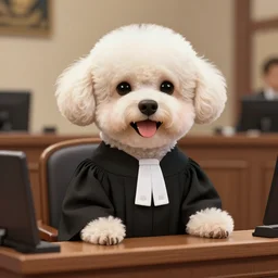 a closeup photorealistic illustration of a smiling bichon frise judge wearing a black gown at the bench and commanding courthouse. this 4 k hd image is trending on artstation, featured on behance, well - rendered, extra crisp, features intricate detail and the style of unreal engine.