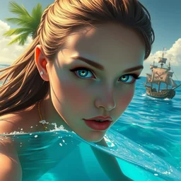 a beautiful round faced emo girl with beautiful eyes surfing in a magical blue lagoon, pirate ships, clear water, palm trees, digital illustration, art by greg rutkowski, intricate, elegant, smooth, amazing detail, concept art, sharp focus, realistic face, dedtailed face, beautiful face