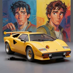 stylish 3 d vfx art of a 1 9 8 0 lamborghini countach, art style by james jean & hsiao - ron cheng, unreal engine render, digital illustration, sharp, intricate detail, volumetric lighting, ray tracing, soft lighting, colourful, claymation style, drew struzan movie poster style, symmetry, ernie barnes style, acrylic on canvas,