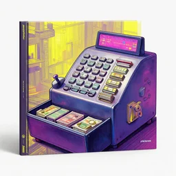 ( ( ( ( cyberpunk cash register ) ) ) ) by mœbius!!!!!!!!!!!!!!!!!!!!!!!!!!!, overdetailed art, colorful, artistic record jacket design