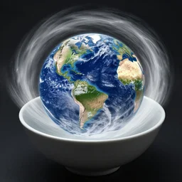 a world coming out from inside a bowl as a whirlwind, the wolrd is pouring out f the bowl
