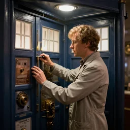 doctor who operating the panels in the tardis, in steampunk style