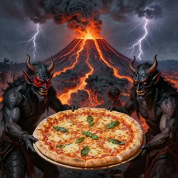 masked demons grabbing a large pizza!!!, in the background is a volcano spewing lava and black smoke, streams of glowing hot lava, flashes of lightning in the distance. wide angle, long shot, an ultrafine detailed painting by michelangelo buonarroti, deviantart, pop surrealism