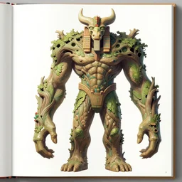 Aztec statue colossus creature, character design sheet, Monster Hunter Illustrations art book, giant, trees growing on its body, enormous hands, long limbs, horns on its head, bright pale blue eyes, Moebius, Greg Rutkowski, Zabrocki, Karlkka, Jayison Devadas, Phuoc Quan, trending on Artstation, 8K, ultra wide angle, zenith view, pincushion lens effect.