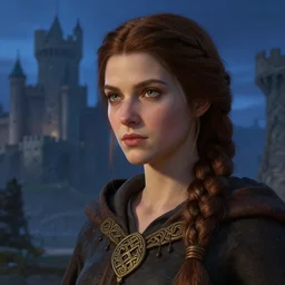 closeup portrait of an mage, cloth, blue hour, dungeons and dragons character, dramatic lighting, female, brown hair, celtic braid, castle background, gorgeous view, realistic, high detail, digital art, painted by greg rutkowski, painted by jeremy mann, painted by alphonse mucha, trending on artstation