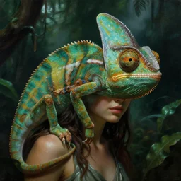 a close - up dark neoclassicist sci - fi portrait of a chameleon nymph girl in a jungle. reflective textures. glowing fog in the background. highly detailed science fiction painting by norman rockwell, frank frazetta, and syd mead. rich colors, high contrast, gloomy atmosphere, dark background. trending on artstation