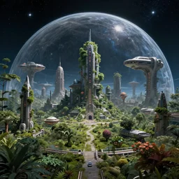 a post apocalyptic city inside a spaceship with a dome with the stars, nature growing around, futuristic estructures, lush scenery, concept art, trending in artstation, landscape, space, realistic light, award-winning