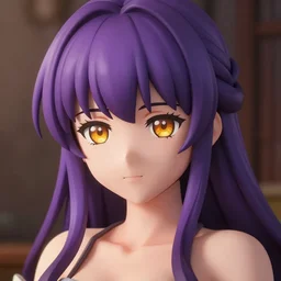 nendoroid of a white girl with a long purple sidecut, amber eyes and thick eyebrows