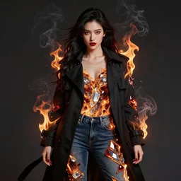 a goddess of fire dressed in a black trench coat, and jeans, glowing, charred, glass and crystals, crystalline, ruby, smoke, inferno, explosion, ray tracing ambient occlusion, shaders, post processing, post - production, cel shading, sfx, in a symbolic and meaningful style