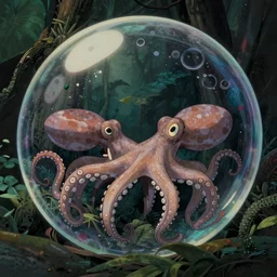 hyperrealist studio ghibli dull colors portrait from close encounters of the third kind 1 9 7 7 of two octopi swaying in a jungle bubble monument valley