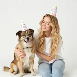 blonde thirty years old balthazar and his mixed race dog okko with birthday hats, celebrating a birthday party in a forest, with chocolate cakes slices and kayaks, with a lighthouse in the background