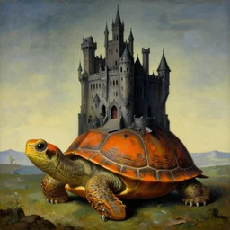 the eternal gothic castle of broken dreams, on top of a giant orange turtle, by magritte, dali, breton, masterpiece, symbolism, surrealism, landscape, oil on canvas, 8 k