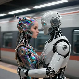 two robots hugging on the train platform, female face, cyberpunk cyborg, sci - fi, intricate abstract upper body intricate artwork, by tooth wu, wlop, beeple, dan mumford. concept art, octane render, deviantart, greg rutkowski, cinematic arthouse, key art, hyper realism, iridescent accents