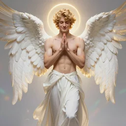 fullbody portrait of a beautiful young fit male angel with curly blond hairs, soft smile, closed eyes, blessing palms, dressed in long fluent skirt, majestic symmetrical soft eagle wings, luminous halo, by greg rutkowski and alphonse mucha, gradient white to gold, in front of an iridescent background, highly detailed portrait, digital painting, smooth, focus illustration