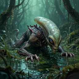 extremely disturbing alien creature crawling through a swamp, created by Jeremiah Ketner
