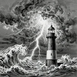 a lighthouse during an intense thunder storm, engraving, huge waves, lightning, epic, in the style of gustave dore, artgem