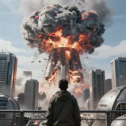 scifi action movie still of someone witnessing destruction of the city, nuclear bomb blast, shockwave, strong contrast, ultrawide shot, 4 k digital camera, sharp focus