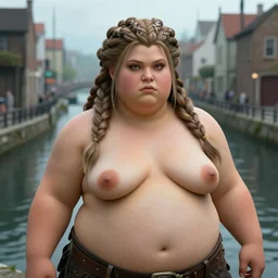 a chubby dwarven woman by a canal the middle of the city, by johan grenier, fantasy artwork, final fantasy 9, intricate braided hair, short plump figure, smooth, highy detailed face, centered, ultra detailed, 8 k, hd