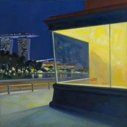 singapore night scene, painted by edward hopper
