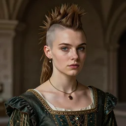 a beautiful portrait of a beautiful girl with piercings in a collar with a mohawk hairstyle in a medieval dress, behance hd, oliver mark, global illumination, detailed and intricate environment
