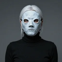 pale woman with plague mask and black turtleneck