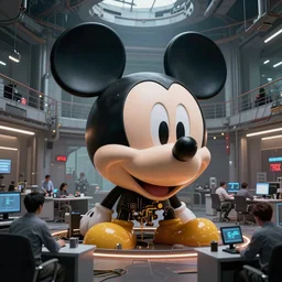 giant destroyed head of cyberpunk mickey mouse surrounded by engineers, inside of abandoned netflix office, by beeple, dystopia, golden ratio, octane render, trending on artstation, 8 k