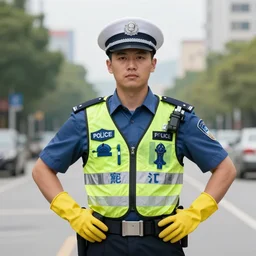 A police officer wearing yellow rubber gloves, posing heroically, stock image