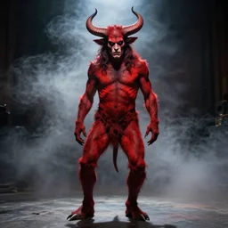 tim curry in full makeup as darkness, the goat legged water buffalo horned red devil in ridley scott's movie legend. studio lighting, photoshoot in the style of annie leibovitz, atmospheric smoke
