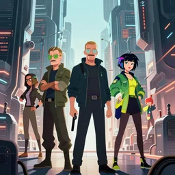 saul goodman and kim in the cyberpunk : edgerunners, cartoon image, breaking bad, cyber city, wide shot,