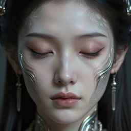 ultra realistic beautiful cyborg deity eyes closed, sci-fi, cyberpunk, intricate details, elegant, highly detailed, photorealistic, digital painting, octane render, concept art, eerie, 8k, art by artgerm and james clyne and greg rutkowski and alphonse mucha