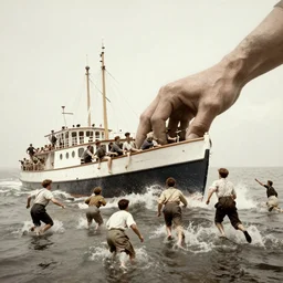 a boat being grabbed by a giant underwater hand while people run away, 1 9 0 0 s photograph