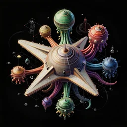 starfighter with round shapes and tentacles, colored, lovecraftian horror, isometric illustration, technical drawing, sci fi, black background, vector art, well lit, octane render