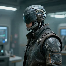 a masked rugged laboratory engineer man with cybernetic enhancements as seen from a distance, scifi character portrait by greg rutkowski, craig mullins, 1 / 4 headshot, cinematic lighting, dystopian scifi outfit, profile picture, mechanical, cyborg, implants, dieselpunk