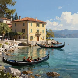 italian building with gondola boats on rocky receding shoreline of lake tahoe low tide low water level and a roman style bridge across the water, digital painting, high quality, dreamlike, volumetric lighting, trending on artstation