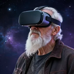 an elderly wise man in the cosmos wearing vr headsets, digital art, detailed