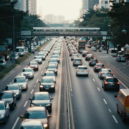 a stunning aesthetic wallpaper of a city highway full of traffic with a train track and bus lane nearby, photograph by liam wong, 8 k, soft focus, cinematic lighting, trending on flicker, super resolution.