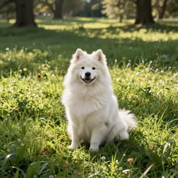 a samoyed dog sitting in the middle of sunny meadow, by Dave Gibbons