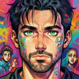 beautiful anime of bold head with stubble!!!!! beard and green eyes, by sherree valentine daines, peter mohrbacher, alice neel, donato giancola, mike winkelmann, laurie greasley. trending on artstation, 8 k, masterpiece, graffiti, fine detail, full of color, intricate detail, golden ratio illustration, face detail