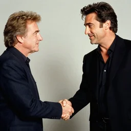 photoshoot of pablo escobar shaking hands with actor sean penn style of annie leibovitz, studio lighting, soft focus, 5 0 mm