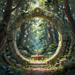 Fantasy Magical fairy-tale stone portal in the forest. Round stone portal teleport in trees to other worlds. Fantastic landscape. Magic Altar in the fores, highly detailed, digital painting, artstation, concept art, smooth, sharp focus, illustration, art by greg rutkowski and alphonse mucha