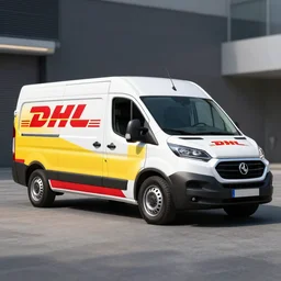 A white commercial van designed and produced by Ferrari, with DHL livery promotional photo