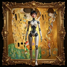 a photo of a girl half robot, 3 d render 8 k shoot, volume light, cinematic light effect, super realistic, super wide angle, rococo ornament, cinematic, symmetrical ornament, decorative frame, by victo ngai, moebius, metal hurlant, akira, leon francois comerre, craig mullins, mucha, klimt, artstation