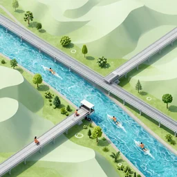 an optimistic futuristic landscaped streams and wide conveyor belts, isometric contours - the main method of transport for people is to swim but some people stand on the conveyor belt, pop motifs, by ghibli, cannabis land