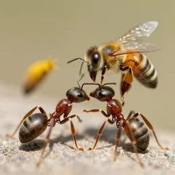 macro photo of ants fighting and jumping around bees.