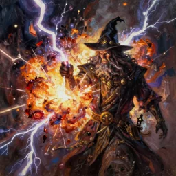 wizard in front of magical explosion, lightning, fantasy, oil painting, concept art, 8 k