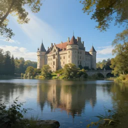 portrait of a large lake with a castle surrounded by woodland, highly detailed, sunny, blue sky, cinematic lighting, highly angle, godrays, volumetric, photorealistic, digital art painting by greg rutkowski