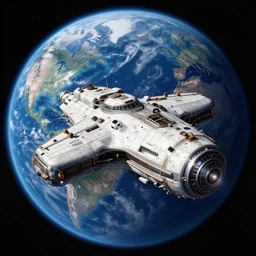 a diesel punk spaceship in orbit of the earth, in the style of John Harris and John Berkey